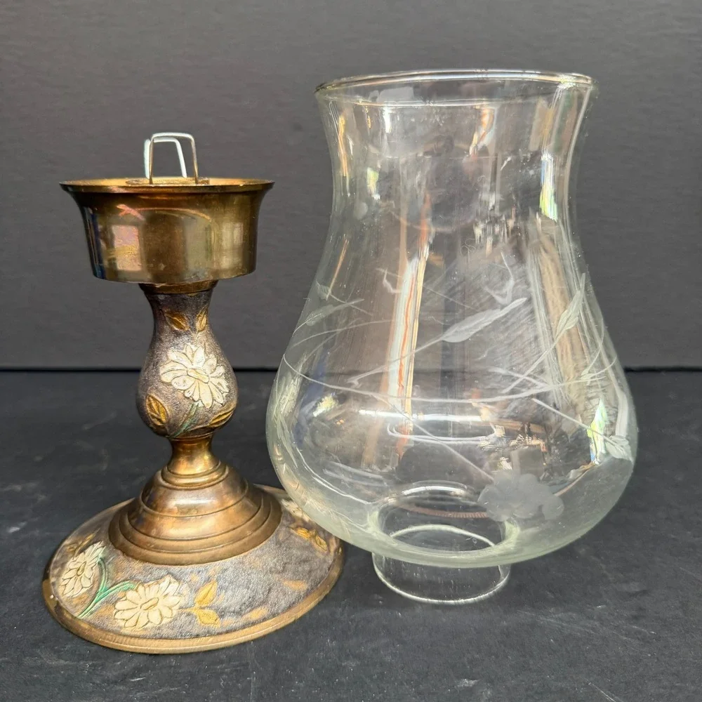Vintage Brass Hurricane Candle Holder Etched Glass Chimney Enamel Floral 10.5